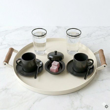 Tepsi Ahşap Kulplu Kaktüs Desenli Metal Çay Kahve Tepsisi 37 Cm Orta Boy Tepsi