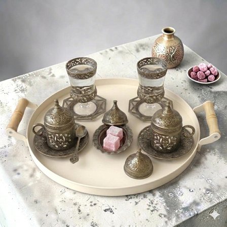 Tepsi Ahşap Kulplu Metal Çay Tepsisi Kahve Tepsisi Sunum Kahvaltı Tepsisi