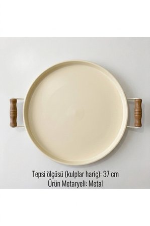 Tepsi Ahşap Kulplu Metal Çay Tepsisi Kahve Tepsisi Sunum Kahvaltı 37 Cm Orta Boy Tepsi