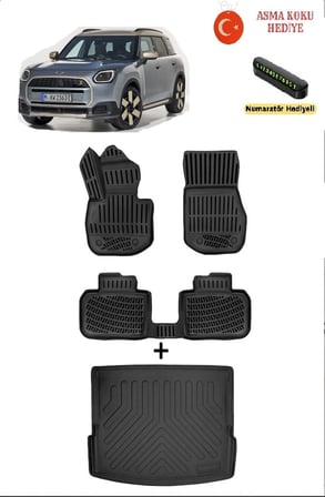Mini Countryman U25 EV Elektrikli 2024 Sonrası Uyumlu 3D Havuzlu Paspas ve 3D Bagaj Havuzu Seti  ASMA KOKU VE NUMARATÖR HEDİYELİ