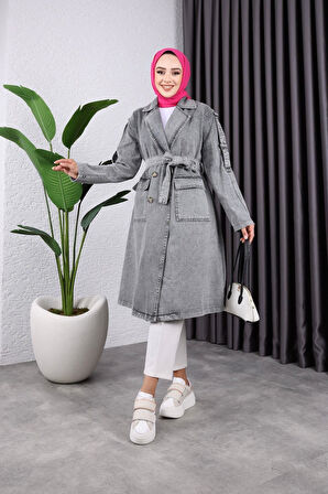 Kadın Cepli Düğmeli Kot Trençkot