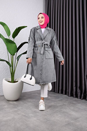 Kadın Cepli Düğmeli Kot Trençkot