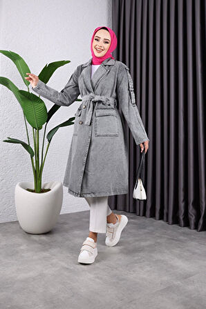 Kadın Cepli Düğmeli Kot Trençkot