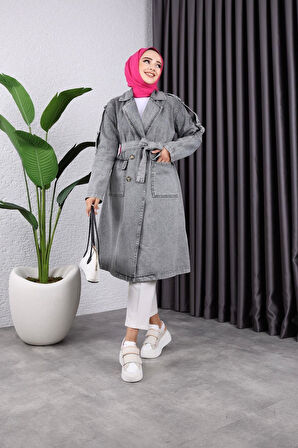 Kadın Cepli Düğmeli Kot Trençkot