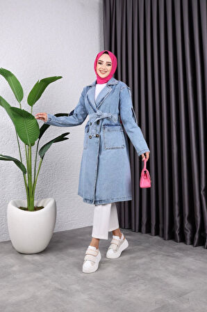 Kadın Cepli Düğmeli Kot Trençkot