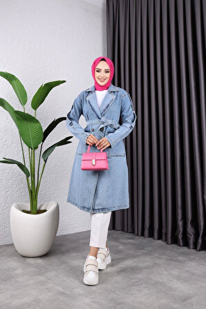 Kadın Cepli Düğmeli Kot Trençkot