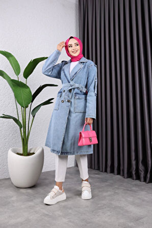 Kadın Cepli Düğmeli Kot Trençkot