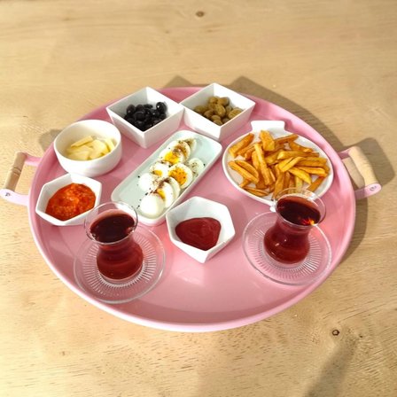 Tepsi Ahşap Kulplu Kaktüs Desenli Metal Çay Kahve Tepsisi 37 Cm Orta Boy Tepsi