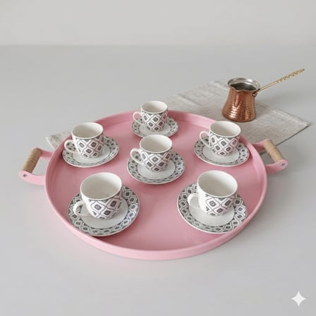 Tepsi Ahşap Kulplu Kaktüs Desenli Metal Çay Kahve Tepsisi 37 Cm Orta Boy Tepsi