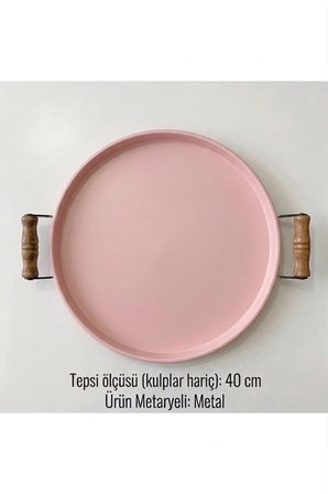 Tepsi -Ahşap Kulplu Büyük Boy Metal Çay Tepsisi Kahve Tepsisi Sunum Kahvaltı Tepsisii-40 cm