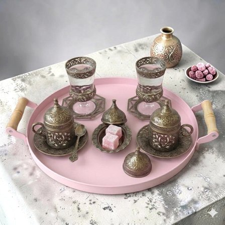 Tepsi Ahşap Kulplu Metal Çay Tepsisi Kahve Tepsisi Sunum Kahvaltı Tepsisi