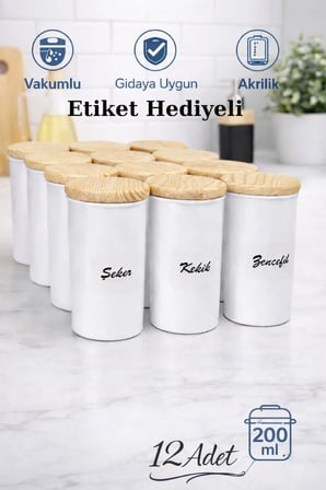 12'li 200 ml Vakumlu Ahşap Kapaklı Porselen Görünümlü Akrilik Baharatlık Etiket Hediyeli