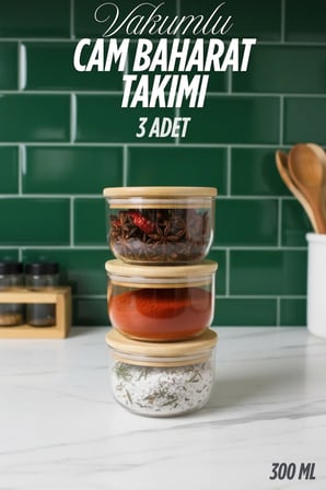 3'lü Ahşap kapaklı cam baharatlık takımı 300 ml Vakum kapaklı (Etiket Hediyeli)