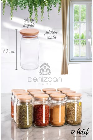 12'li Ahşap Kapaklı 320 ml Cam Baharatlık (Baharatlık Etiketi Hediye)