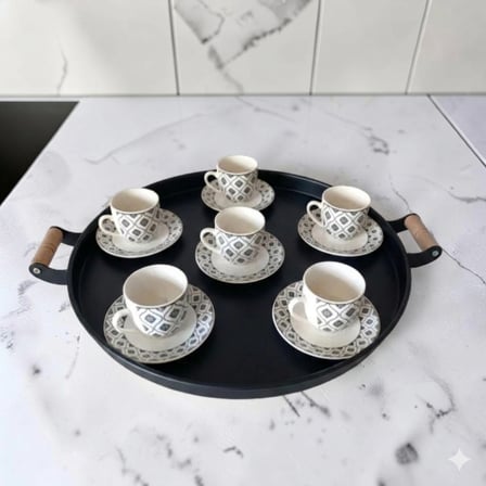 Tepsi Ahşap Kulplu Kaktüs Desenli Metal Çay Kahve Tepsisi 37 Cm Orta Boy Tepsi