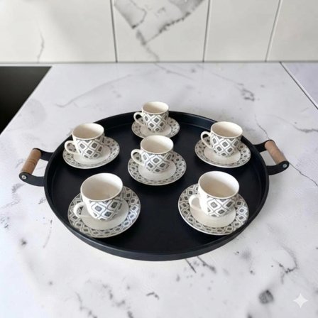 Tepsi -Ahşap Kulplu Büyük Boy Metal Çay Tepsisi Kahve Tepsisi Sunum Kahvaltı Tepsisii-40 cm