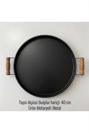 Tepsi -Ahşap Kulplu Büyük Boy Metal Çay Tepsisi Kahve Tepsisi Sunum Kahvaltı Tepsisii-40 cm