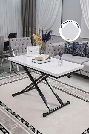Akıllı Sehpa Home Üst Tabla Mdf Oval Köşe Beyaz Alt Ayak Siyah 