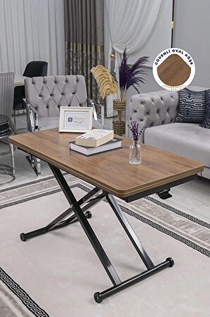 Akıllı Sehpa Home Üst Tabla Mdf Oval Köşe Ceviz Alt Ayak Siyah 
