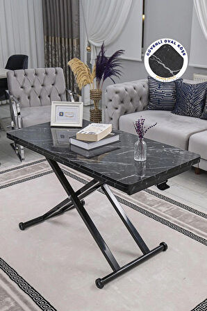 Akıllı Sehpa Home Üst Tabla Mdf Oval Köşe Siyah Mermer Alt Ayak Siyah 