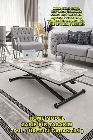 Akıllı Sehpa Home Üst Tabla Mdf Oval Köşe Beyaz Mermer Alt Ayak Siyah 