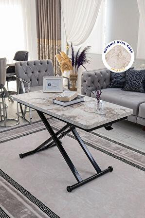 Akıllı Sehpa Home Üst Tabla Mdf Oval Köşe Beyaz Mermer Alt Ayak Siyah 