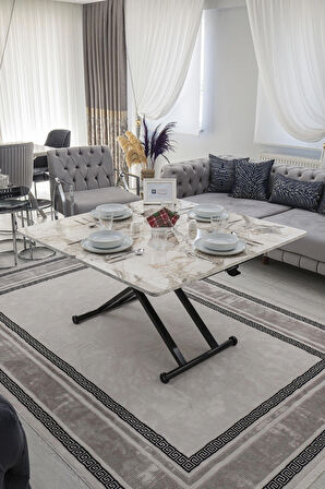 Akıllı Sehpa Home Üst Tabla Mdf Oval Köşe Beyaz Mermer Alt Ayak Siyah 