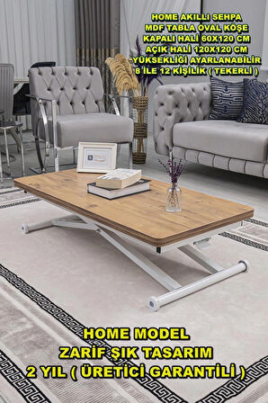 Akıllı Sehpa Home Üst Tabla Mdf Oval Köşe Efesçam  Alt Beyaz Renk