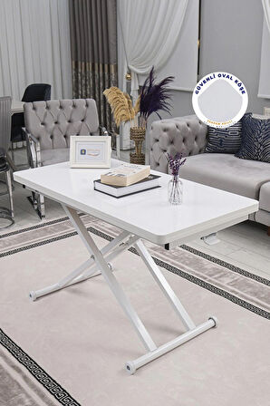 Akıllı Sehpa Home Üst Tabla Mdf Oval Köşe Beyaz  Alt Beyaz Renk