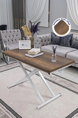 Akıllı Sehpa Home Üst Tabla Mdf Oval Köşe Barok Ceviz  Alt Beyaz Renk