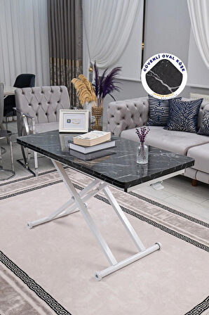 Akıllı Sehpa Home Üst Tabla Mdf Oval Köşe Siyah Mermer Alt Beyaz Renk
