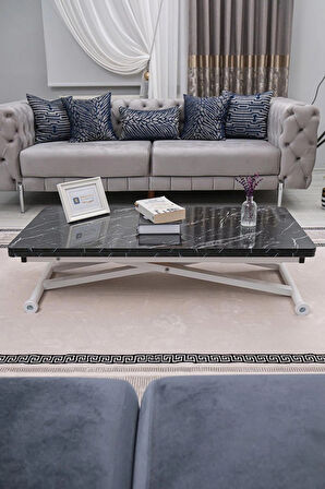 Akıllı Sehpa Home Üst Tabla Mdf Oval Köşe Siyah Mermer Alt Beyaz Renk