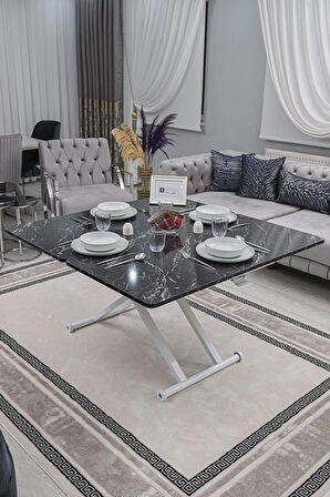 Akıllı Sehpa Home Üst Tabla Mdf Oval Köşe Siyah Mermer Alt Beyaz Renk