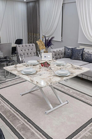 Akıllı Sehpa Home Üst Tabla Mdf Oval Köşe Beyaz Mermer  Alt Beyaz Renk