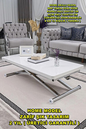 Akıllı Sehpa Home Üst Tabla Mdf Oval Köşe Beyaz  Alt Ayak Krom Renk