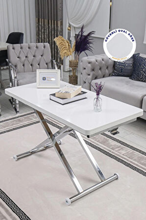 Akıllı Sehpa Home Üst Tabla Mdf Oval Köşe Beyaz  Alt Ayak Krom Renk