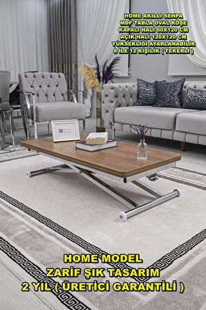 Akıllı Sehpa Home Üst Tabla Mdf Oval Köşe Ceviz  Alt Ayak Krom Renk