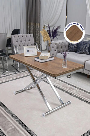 Akıllı Sehpa Home Üst Tabla Mdf Oval Köşe Ceviz  Alt Ayak Krom Renk