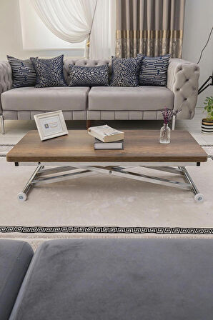 Akıllı Sehpa Home Üst Tabla Mdf Oval Köşe Barok Ceviz Alt Ayak Krom Renk