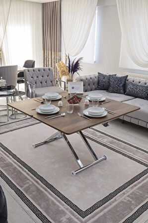 Akıllı Sehpa Home Üst Tabla Mdf Oval Köşe Barok Ceviz Alt Ayak Krom Renk