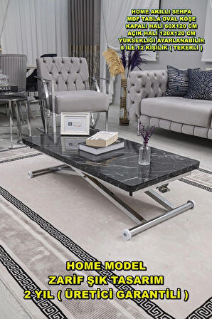 Akıllı Sehpa Home Üst Tabla Mdf Oval Köşe Siyah Mermer Alt Ayak Krom Renk
