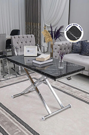 Akıllı Sehpa Home Üst Tabla Mdf Oval Köşe Siyah Mermer Alt Ayak Krom Renk