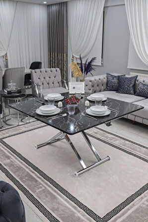 Akıllı Sehpa Home Üst Tabla Mdf Oval Köşe Siyah Mermer Alt Ayak Krom Renk