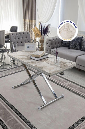 Akıllı Sehpa Home Üst Tabla Mdf Oval Köşe Beyaz Mermer Alt Ayak Krom Renk