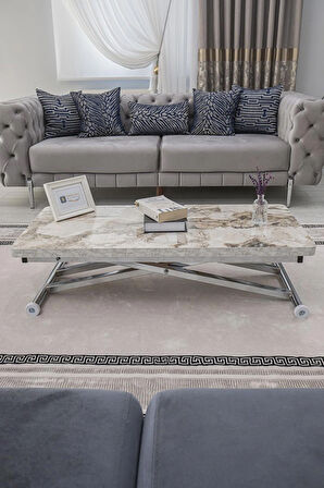 Akıllı Sehpa Home Üst Tabla Mdf Oval Köşe Beyaz Mermer Alt Ayak Krom Renk