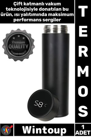 #Termos Sızdırmaz Vakumlu Akıllı Led Ekranlı Dijital Sıcaklık Göstergeli Outdoor Çelik Termos Siyah
