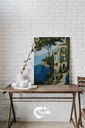 Akdeniz Kıyısı Sayılarla Boyama Seti, Hobi Seti, 40X50 Tablo, Fırça Boya, Numaralı Tuval