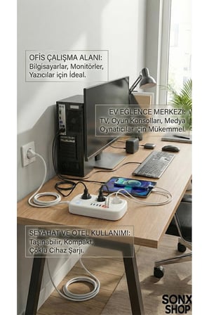 2500W Çoklu Priz 2 METRE – 3’lü AC Priz +5 USB Çıkışı AKIM KORUMALI Alev Almayan Gövde,