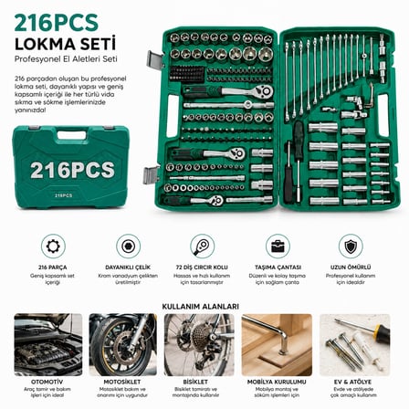 216PCS Lokma Seti Lokma - Soket - Bits Adaptör - 3AD.CIRCIR Kolu Plastik Çantalı