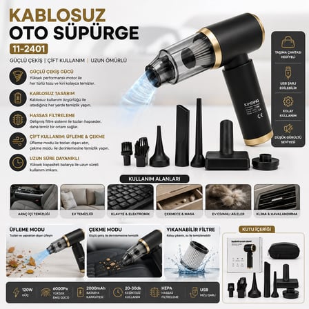Handheld Vacuum Cleaner 2İN1=ÇEKME - Üfleme Oto - Araç - Ev El Tipi Süpürge Şarjlı Mini - Taşınabilir KH-128